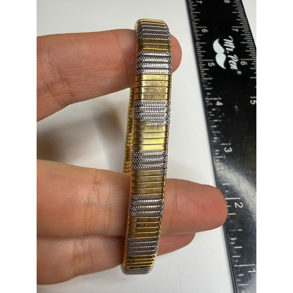 Two Tone Ribbed Stretch Bangle Bracelet Gold Silver Textured Expandable Band